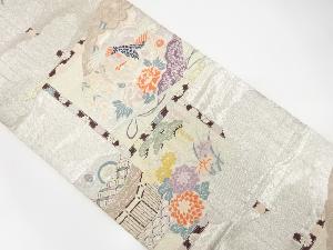 アンティーク　檜扇に鳳凰・草花模様織出し袋帯（材料）